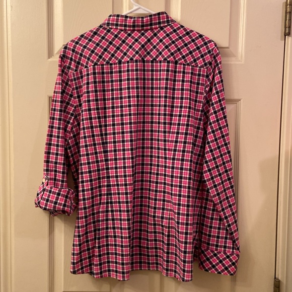 NWOT Talbots Plaid Blouse Pink Black White Button Down Roll up Sleeves WM SZ L - Picture 10 of 12